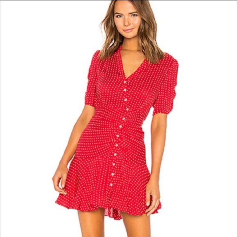 Free People Red White Polka Dot Dress Retro Asymmetric Buttons